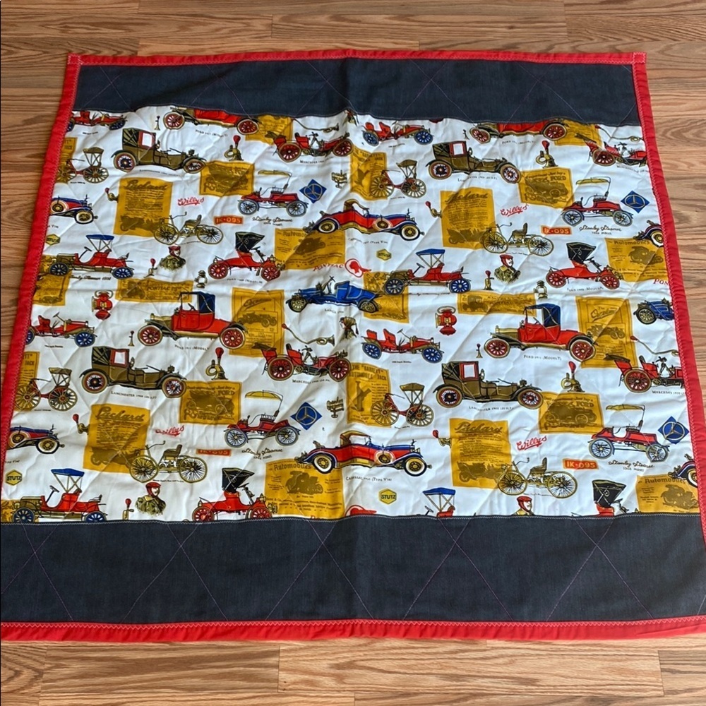 Vintage Car Print Quilt with Red and Black Border Cottagecore Retro Prairie